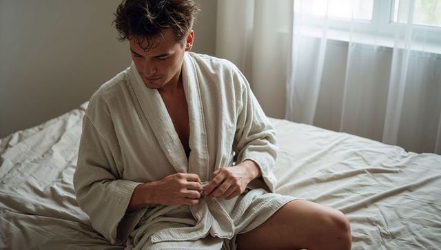 Young man fastening bathrobe on bed under soft morning light for relaxed self-care