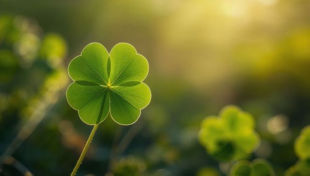 Backlit multi-lobed clover glowing with detailed veins and golden meadow bokeh