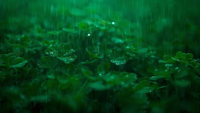 Glistening Clover Leaves Falling Rain Macro Bokeh Lush Green Groundcover