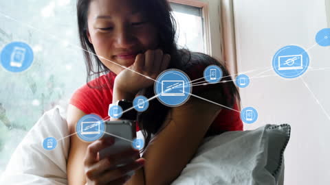 Young Woman Engaged with Technology and Digital Networking Concepts