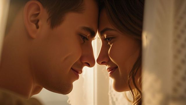 Gazing couple sharing forehead touch backlit by sheer curtains, warm intimate dawn moment