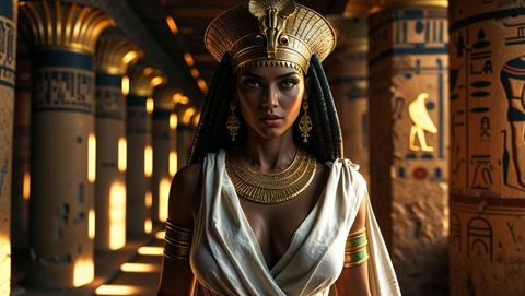 Egyptian queen in temple corridor with elaborate headdress