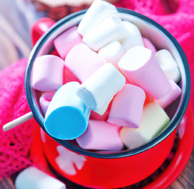 Vibrant and colorful marshmallows overflowing in a red mug. Shows pastel pink, white, blue, yellow marshmallows perfect for a sweet treat. Great for themes related to food, desserts, sweet treats, or festive occasions. Can be used for advertising hot beverages, confectionery, snack products, or for festive promotional materials.