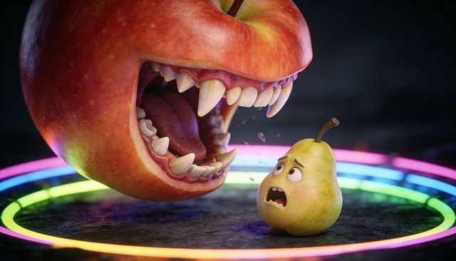 3d cartoon apple lunging with sharp teeth at terrified pear on neon ring arena