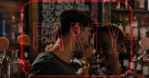 Neon Party Text with Couple Chatting at Bar