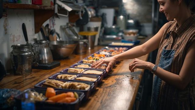 Smiling woman preparing meal prep boxes on rustic wooden counter for weekly lunches