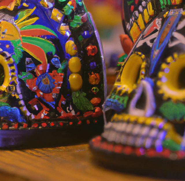 Image of close up of mexican decorated hand made vibrant coloured masks. Mexican culture and tradition concept.
