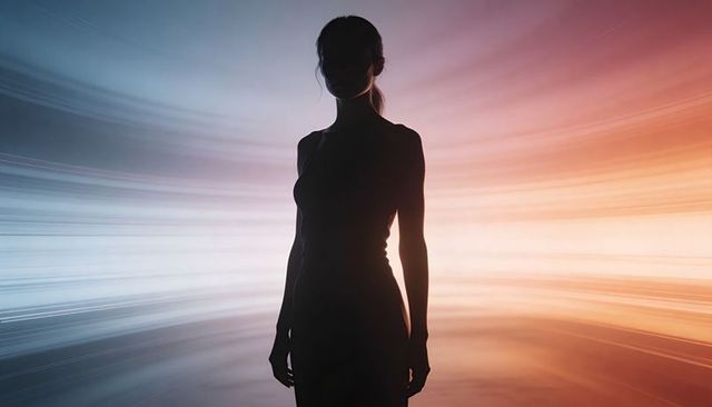 Backlit female silhouette with blue to orange motion streaks, minimal abstract gradient