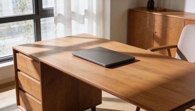 Sunlit minimalist home office desk with closed laptop casting soft window shadows