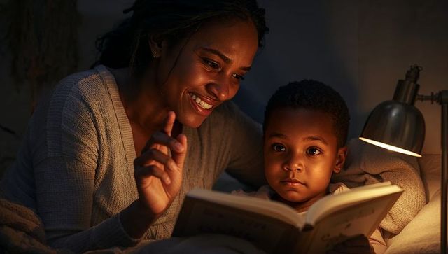 Bedtime storytelling smiling mother reading to child under warm lamp cozy family moment