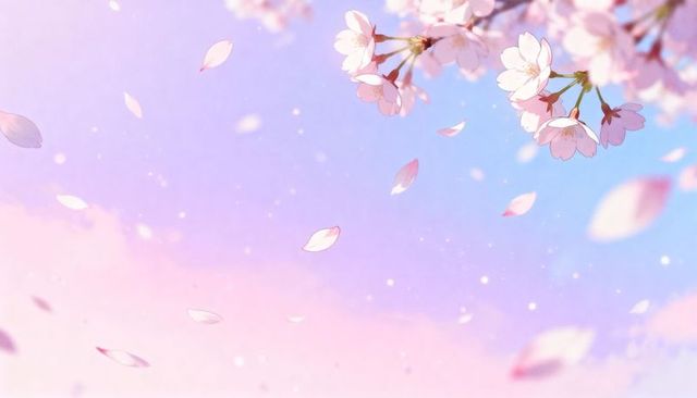 Sakura petals drifting across pastel sky with sunlit cherry blossom branch and bokeh