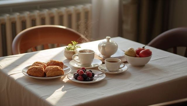 Sunlit Cozy Breakfast Table with Fresh Scones, Berries, Coffee and Teapot Morning Ritual
