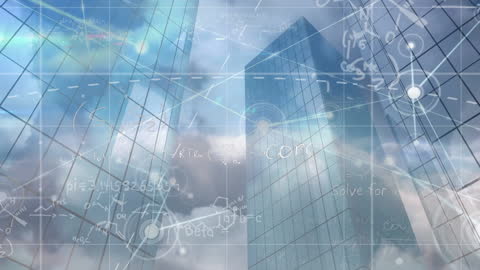 Digital Data Overlays on Futuristic Cityscape Background