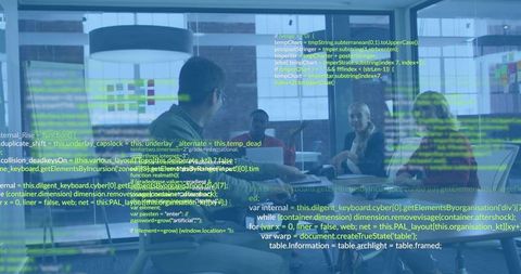 Multicultural tech team brainstorming in glass conference room with code overlay and laptops