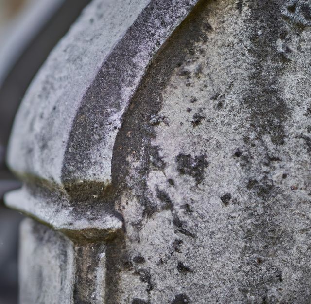 Close-up view of a weathered headstone monument in a cemetery, showing detailed texture and signs of wear and decay. Ideal for projects related to history, heritage, ancestry, mourning, and contemplation. This image emphasizes the stone's aged surface and would be useful for illustrating articles, blogs, and educational materials focusing on cemeteries or historical sites.