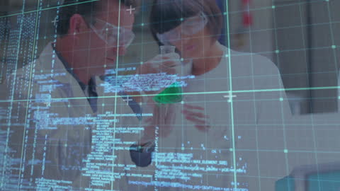 Scientists Examining Green Solution with Digital Interface Overlay