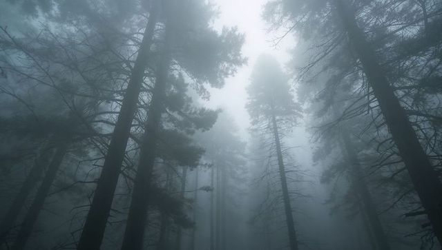 Pine forest canopy reaching skyward through dense fog and ethereal mist