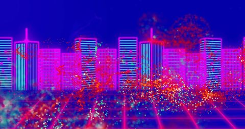 Futuristic Neon Cityscape with Digital Wave