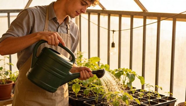Young gardener watering seedlings in greenhouse with green watering can, golden light