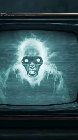 Vertical Horror Clip: Ghostly Skull Forming on Flickering CRT TV With Retro Scanlines
