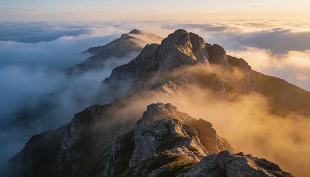 Golden sunrise illuminating jagged alpine ridge above sea of clouds, misty summit panorama