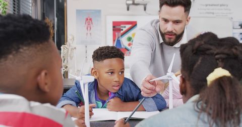 Teacher educates diverse kids about wind turbines in classroom