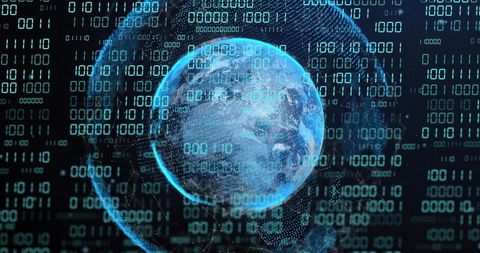 Rotating Holographic Globe Surrounded by Streaming Binary Code and Network Nodes