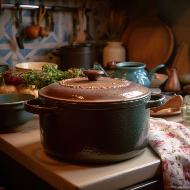Rustic kitchen scene with cast iron Dutch oven on countertop. Perfect for illustrating home cooking, traditional kitchenware, or culinary preparations. Warm and inviting atmosphere ideal for food blogs, cooking class promotions, or advertisements for kitchen products.