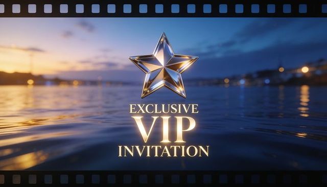 Glowing star emblem hovering above golden vip invitation over rippling water at dusk