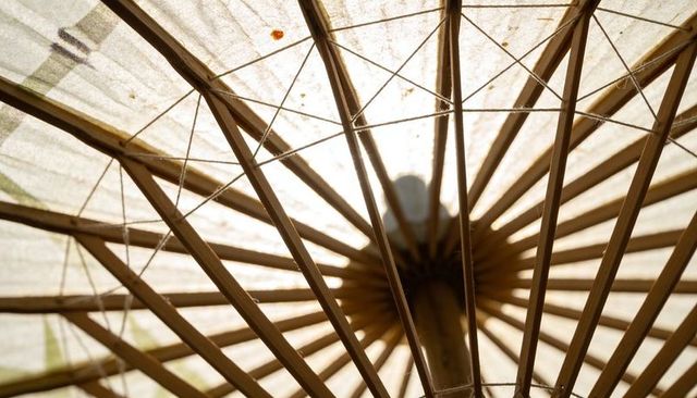 Backlit paper parasol canopy glowing with wooden ribs and translucent texture