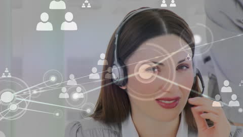 Businesswoman Using Headset with Networking Icons Overlay