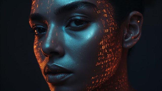 Futuristic portrait projecting orange numeric code across face in teal amber duotone