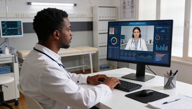 Black doctor using telemedicine dashboard for remote patient consultation and analytics