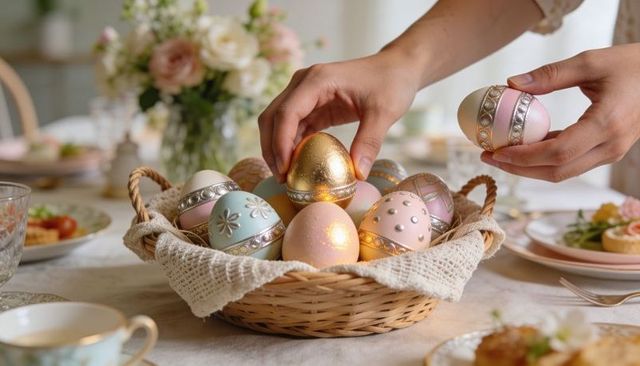 Hands arranging pastel gold decorated easter eggs in wicker basket on brunch table