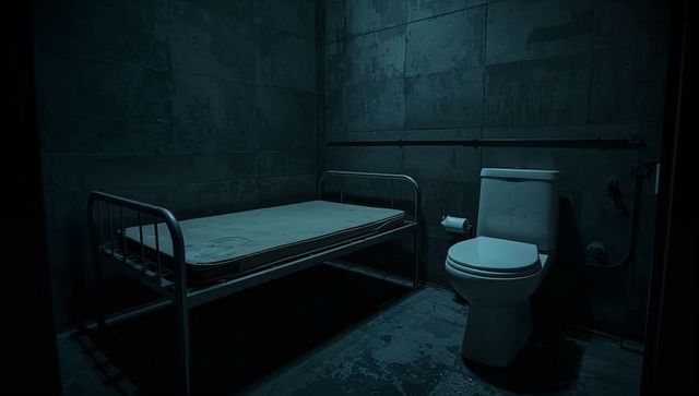 Bare Room with Metal Bed and Toilet in Concrete Cell