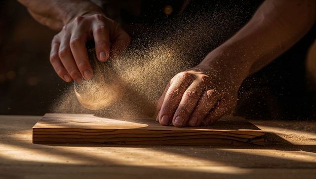 Carpenter hands sanding wooden plank producing dust cloud and rich wood grain texture