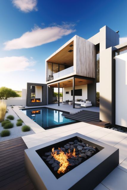Modern luxury house featuring an outdoor pool, fire pit, and patio. The light-filled exterior has a contemporary architectural design and stylish outdoor seating area, making it perfect for showcasing real estate listings, home design magazines, and advertisements for luxury living.