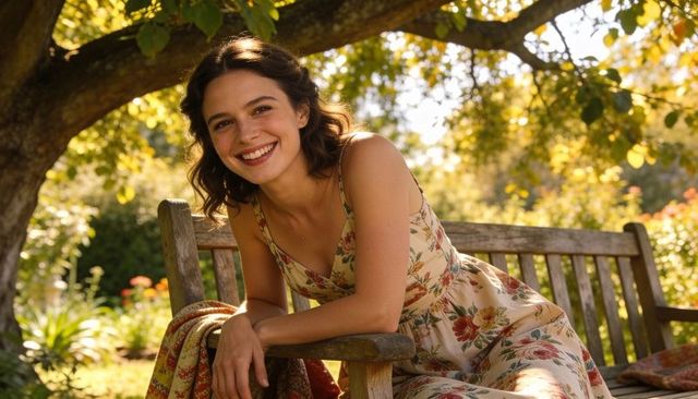 Smiling woman in floral dress leaning on bench under leafy tree, relaxed garden moment
