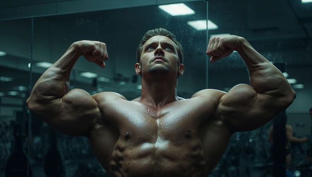 Bodybuilder flexing muscles in gym with determined expression
