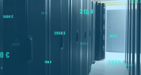 Digital Currency Symbols Overlaid on Data Server Room