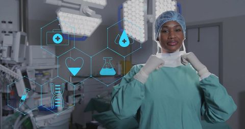 Confident Surgeon in Operating Room with Medical Technology Overlay