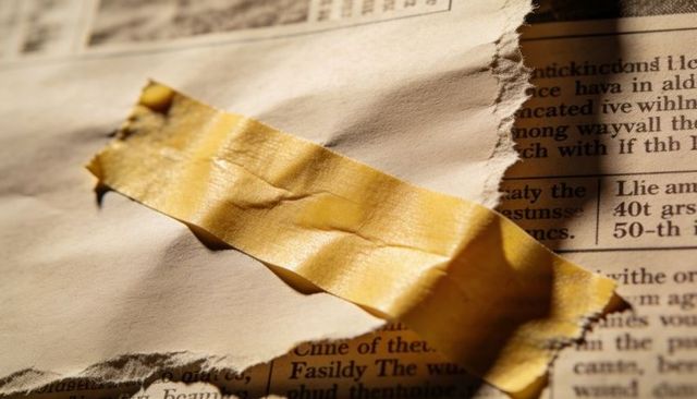 Yellow Adhesive Tape Creasing Across Torn Vintage Newspaper in Warm Light