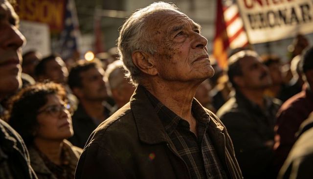 Senior man looking up during street rally at golden hour, contemplative civic crowd