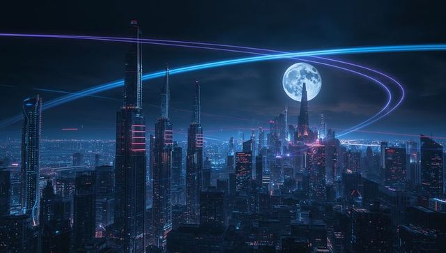 Futuristic Neon Spire Illuminated Metropolis at Night