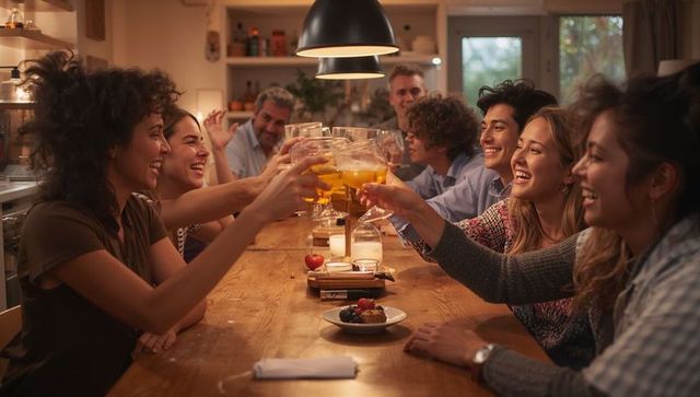 Friends Toasting at Home Kitchen Table under Pendant Lights during Casual Dinner Celebration
