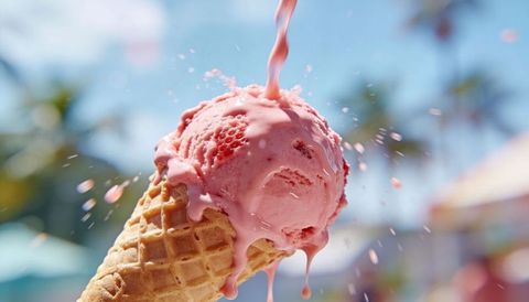 Tropical strawberry scoop melting on waffle cone with glossy pouring splash in sunlight