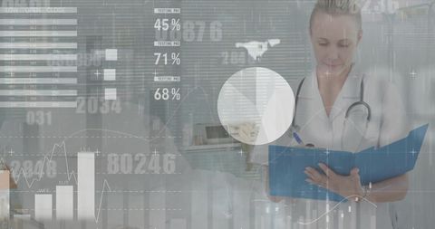 Female Doctor Analyzing Medical Data with Technology Overlay