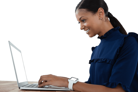Transparent Vision: Smiling Businesswoman Uses Laptop at Desk - Download Free Stock Videos Pikwizard.com