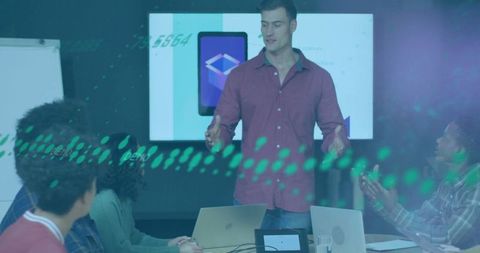 Tech presentation in modern conference room with digital overlay