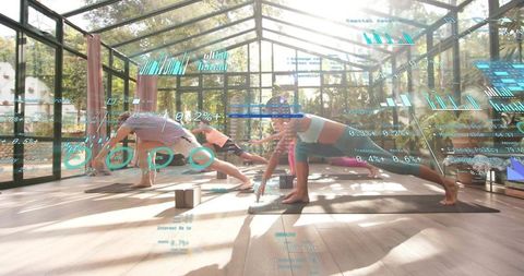 Group practicing yoga lunges in sunlit glass conservatory with augmented reality overlays
